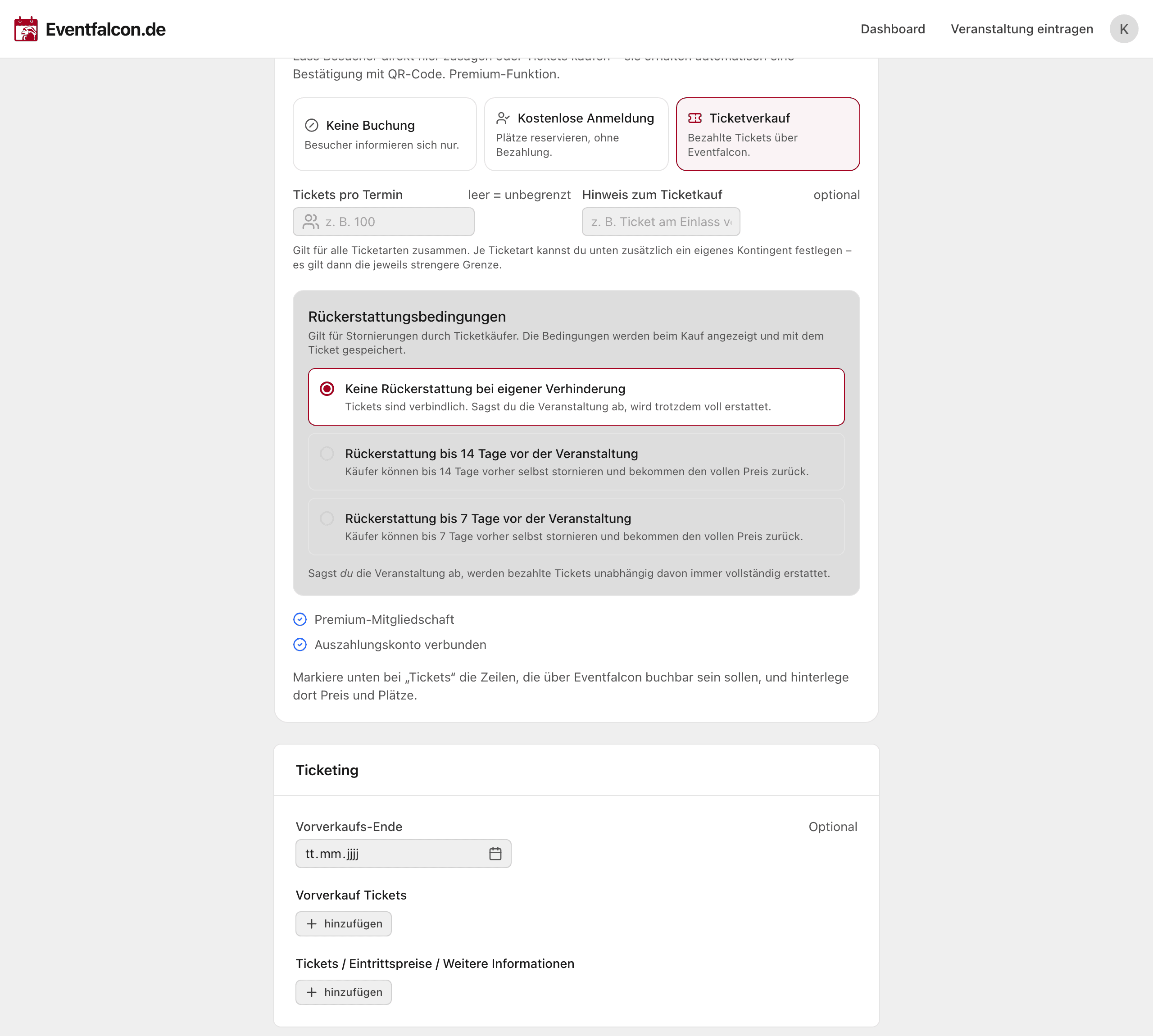 Buchungseinstellungen mit Ticketverkauf und Rückerstattungsbedingungen