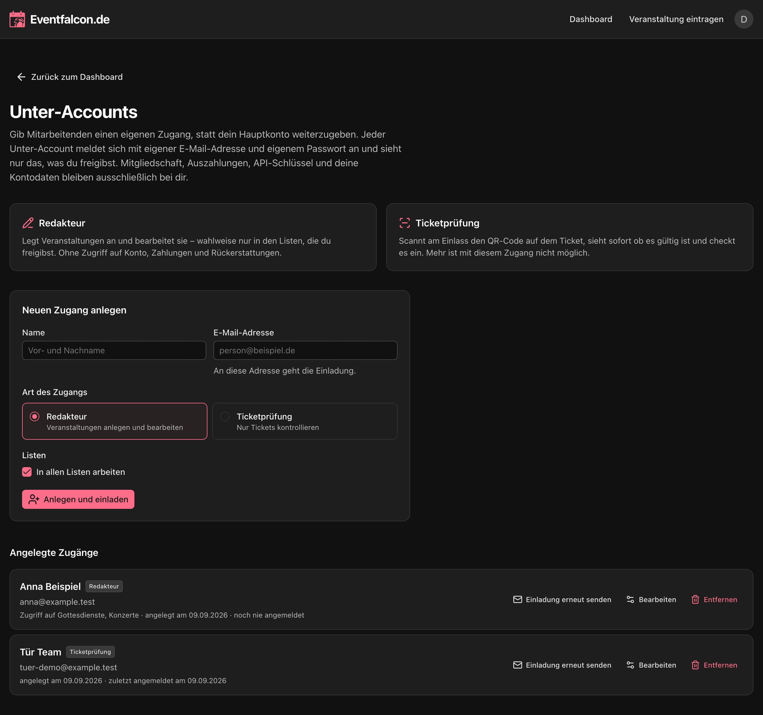 Die Verwaltung der Unter-Accounts