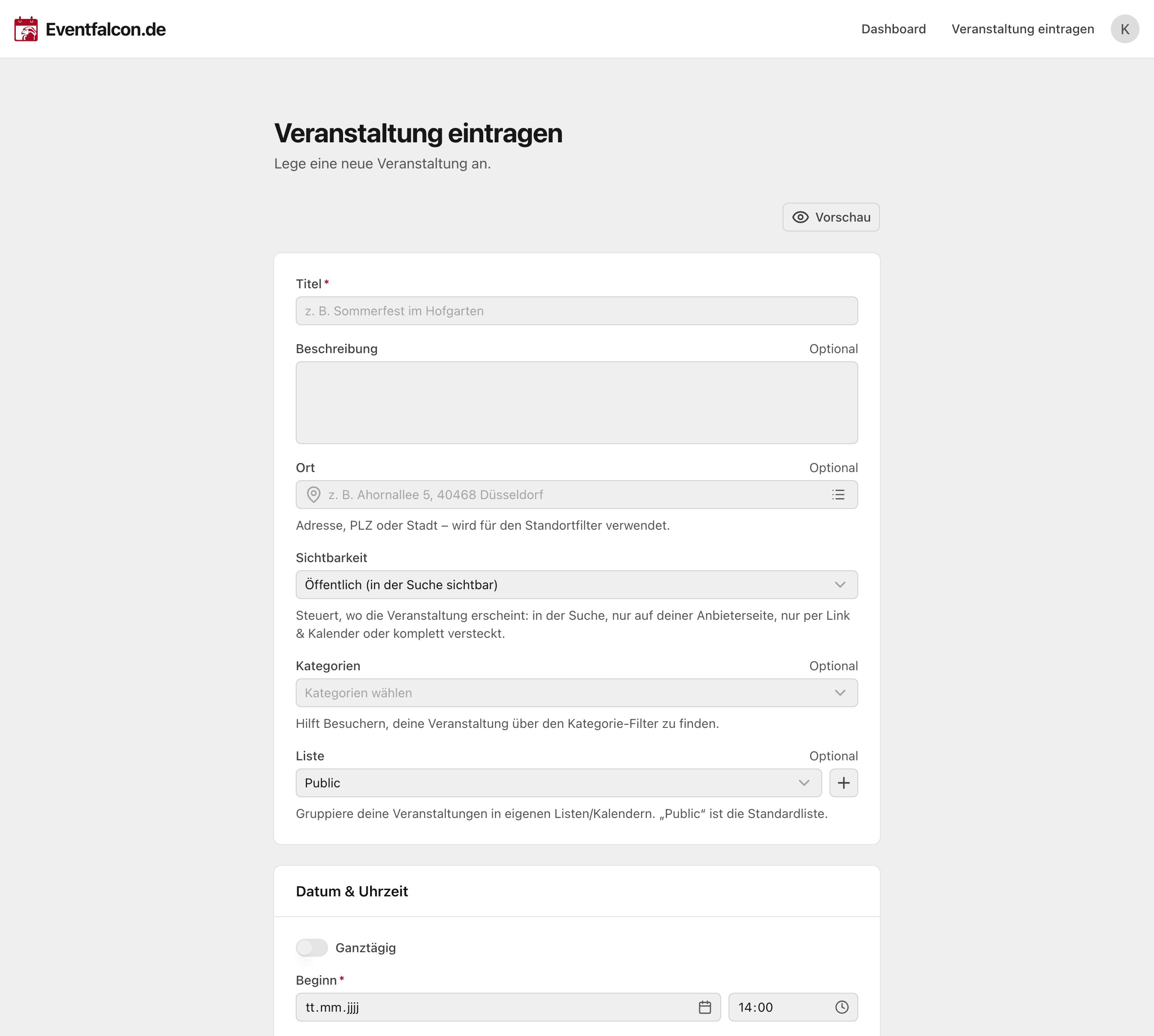 Das Formular zum Eintragen einer Veranstaltung